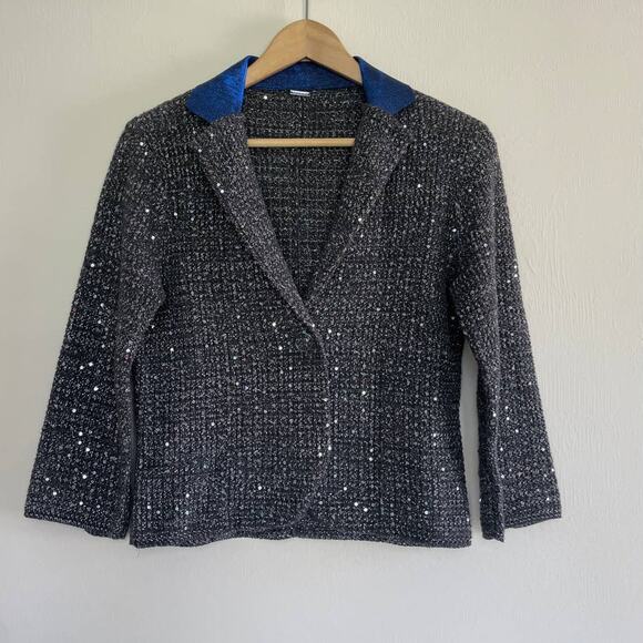 ELIE TAHARI gray silver lurex knit blue leather collar sweater Visna jacket - Picture 2 of 11